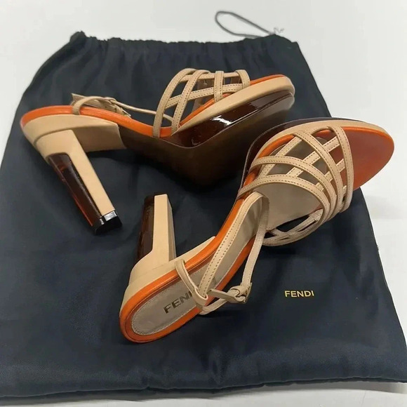 Fendi High Heel Pumps Shoes Ankle Strap Leather Designer Orange Tan Size 37 6.5 - Picture 9 of 14